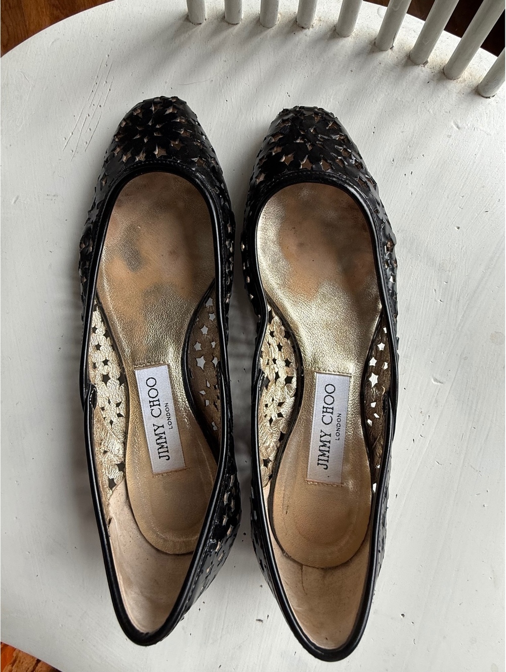 Jimmy Choo Black Laser Cut Leather Flats Size 38.5 Made in Italy